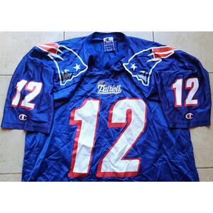 Tom BRADY #12 90s New England Patriots CHAMPION jersey 48 L blue NFL vintage